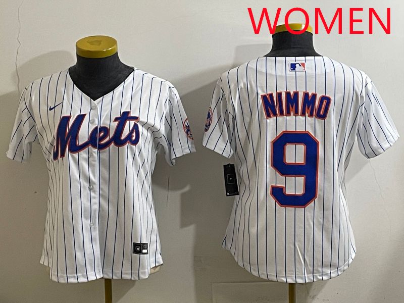 Women 2025 New York Mets #9 Nimmo White Stripe Game Nike MLB Jersey style 1->women mlb jersey->Women Jersey